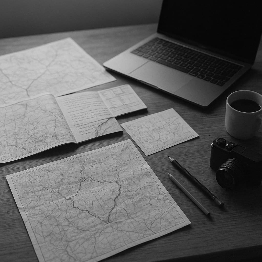 Arbeitsplatz mit Karten, Laptop und Routenunterlagen